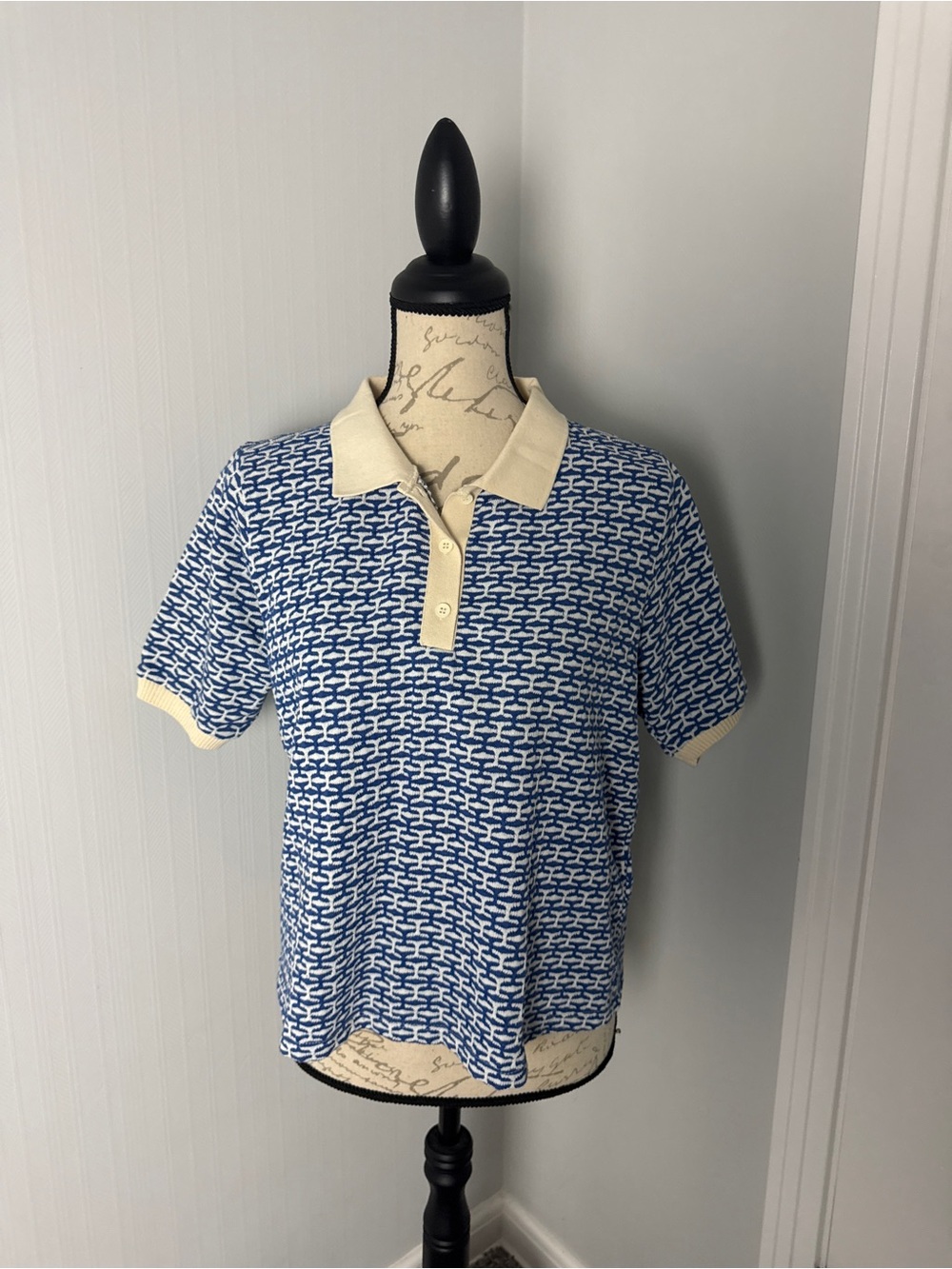 Large lcwaikiki Blue Patterned Polo Shirt with Cream Trim cotton mix